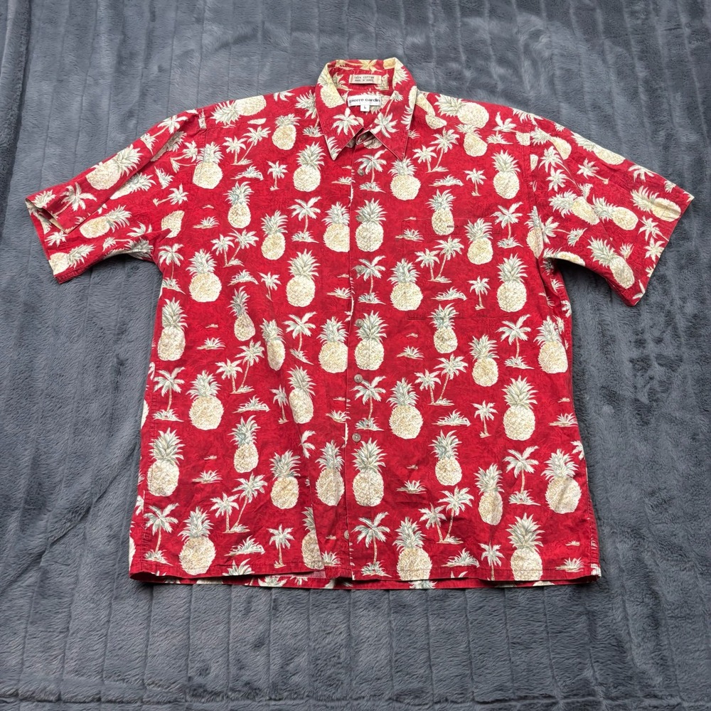 Pierre Cardin Men Large Red Pineapple Tree Tropical Cotton Button Down Shirt